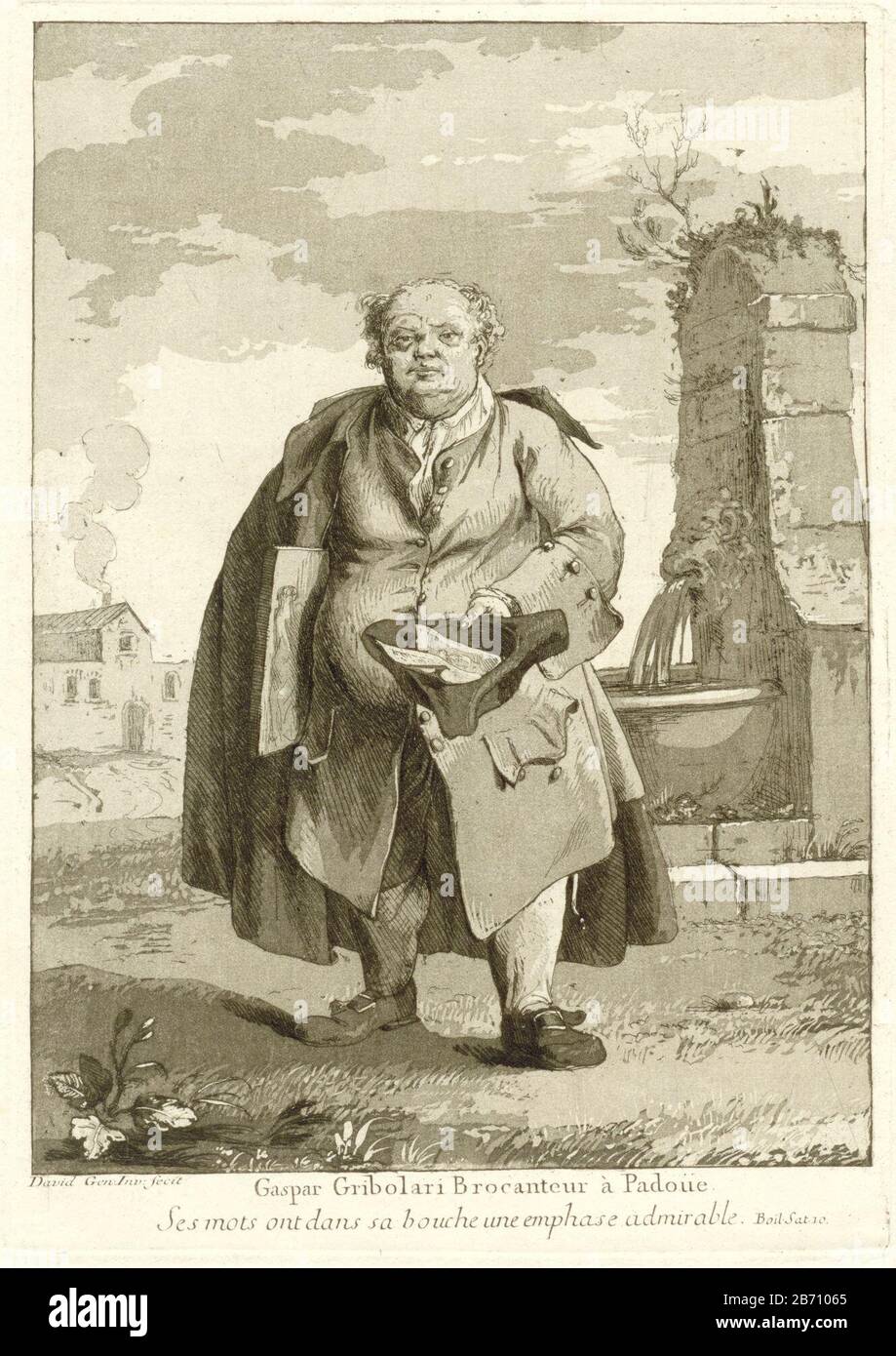 The art dealer Gaspar Gribolari from Padua. Under his right arm a painting, drawing or print. In his left hand an inverted hat with prints. Behind it a fountain. Title ondermarge. Manufacturer : printmaker Giovanni David (listed building) in its design: Giovanni David (listed property) writer Nicolas Boileau (listed building) commissioned by Giovanni David Dedicated to: Domenico CorviPlaats manufacture: printmaker: Venice to own design: Venice Writer: Paris Dedicated by: Venice Dedicated to: Italy Date: 1775 Physical characteristics: etching and aqua tint in sepia brown material: paper Techniq Stock Photo