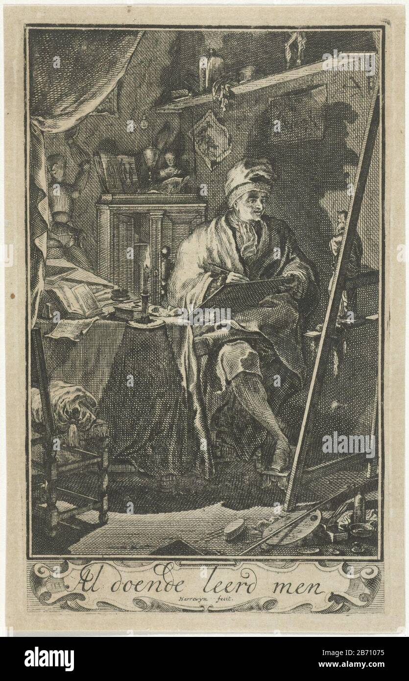 Kunstenaar bij kaarslicht Aldoende leerd men (titel op object) A man at a table signed by candlelight after image on an easel in front of him. For him lying on the ground painting supplies. Among the performance on a cartouche the spell: In the process, learns men. Manufacturer : print maker: Jacobus Harrewijn (indicated on object) Place manufacture: The Netherlands Date: 1682 - 1730 Physical characteristics: etching material: paper Technique: etching dimensions: plate edge: H 137 mm × W 85 mm Subject: working situations  painter tools, implements or painter Stock Photo