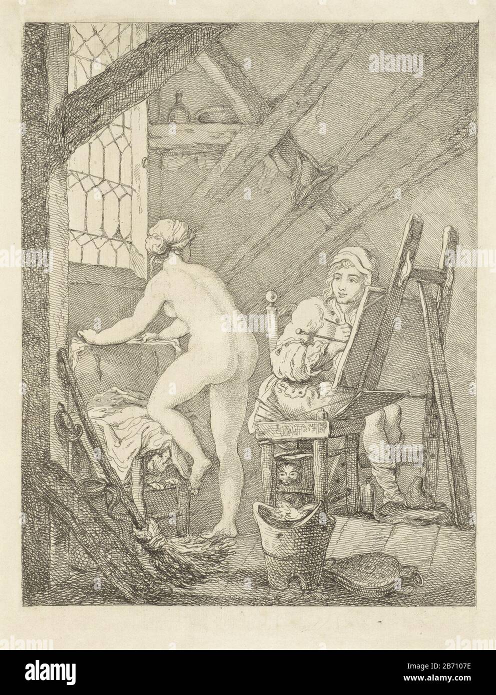 Kunstenaar schildert naar een naaktmodel Left leaning model, a young woman on a stool in a studio. Right is the artist at work behind his easel. His hand rests on a paint stick. Among its seat is a cat. Leading some objects, Where: under a broom, a jug and a blaasbalg. Manufacturer : printmaker: anonymous, designed by Arnold Houbraken to painting by Nicolaas VerkoljePlaats manufacture: Netherlands Date: 1678 - 1769 Physical features: etching material: paper Technique: etching Dimensions: plate edge: h 315 mm × W 240 mm Subject: model, sitter  painting (+ in workshop or studio) Stock Photo