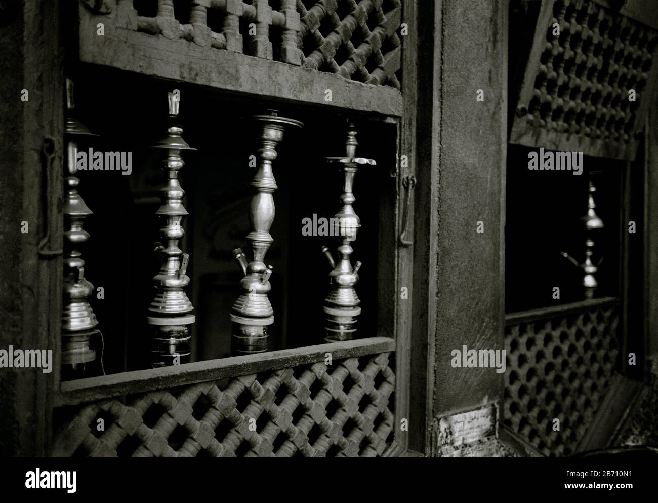 Black And White Travel Photography - Shisha hookah pipes in Khan Al Khalili in Cairo in Egypt in North Africa Middle East Stock Photo