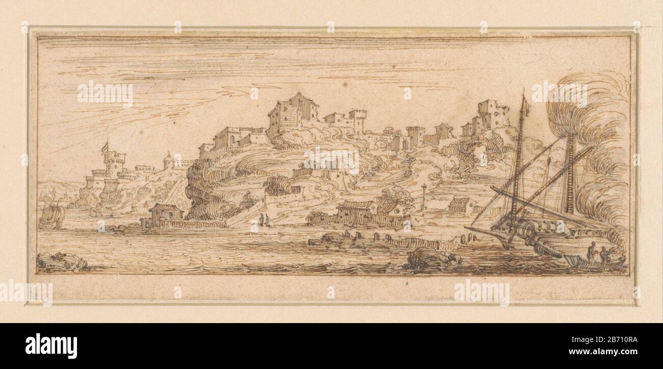 Kustgezicht met rechts een schip dat wordt opgekalefaterd Ontwerpen voor een prentreeks met kustlandschappen (serietitel) Draft prent. Manufacturer : artist: Israel Silvestre Dating: 1631 - 1691 Physical features: pen in brown, signed in pencil material: paper pencil ink Technique: pen Dimensions: h 83 mm × W 187 mmToelichtingIncompleet four designs RPK Stock Photo