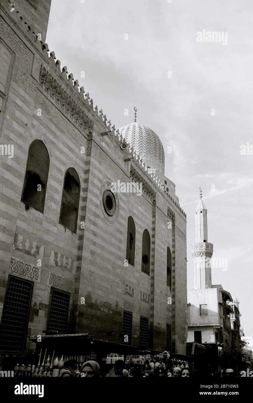 Black And White Travel Photography - Mosque of Sultan Al Ashraf Barsbay in Khan Al or El Khalili in Islamic Cairo in Egypt in North Africa Middle East Stock Photo