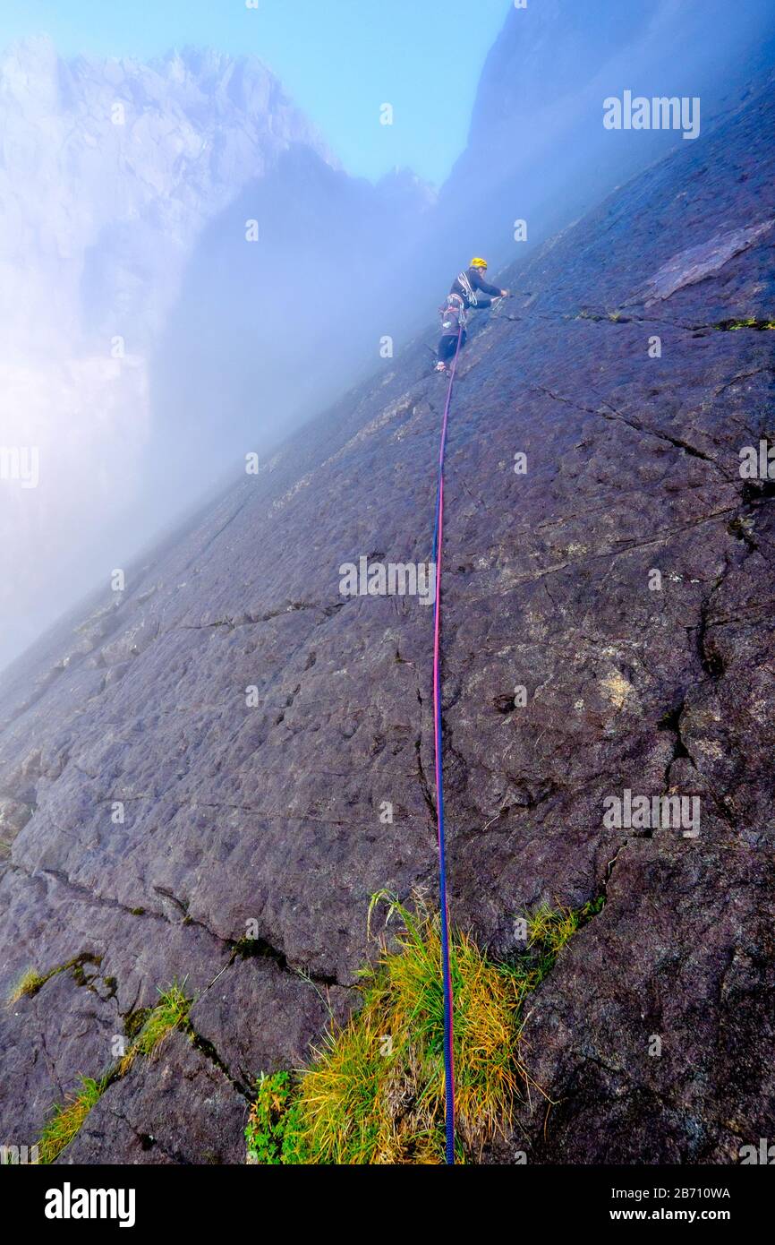Rock climbing on the Cioch in the Cuillin mountains on the Isle of Skye, Scotland Stock Photo