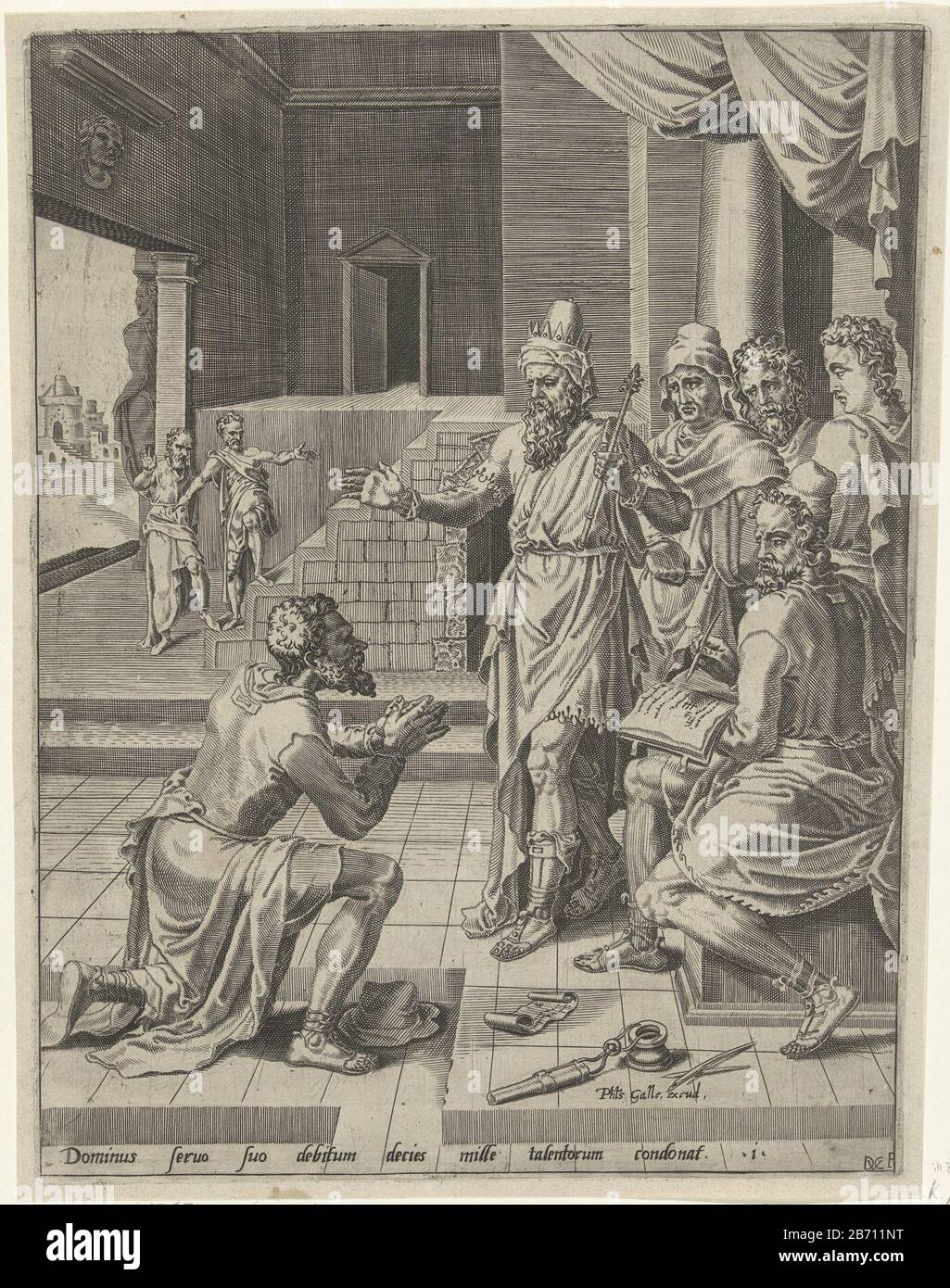 Kwijtschelding van de schuld van de knecht door de koning Gelijkenis van de ondankbare knecht (serietitel) the ungrateful servant on his knees and begged the king to grace. King scolds them lost 10,000 talent debt. The picture has a caption Latin and is part of a four part series on the parable of the unmerciful knecht. Manufacturer : printmaker: Dirck Volckertsz. Coornhert (listed building), designed by Maarten van Heemskerck Publisher: Philip Galle (listed property) Place manufacture: printmaker: Haarlem To design: Haarlem Publisher: Antwerp Date: 1554 and / or 1554 - 1612 Physical features: Stock Photo