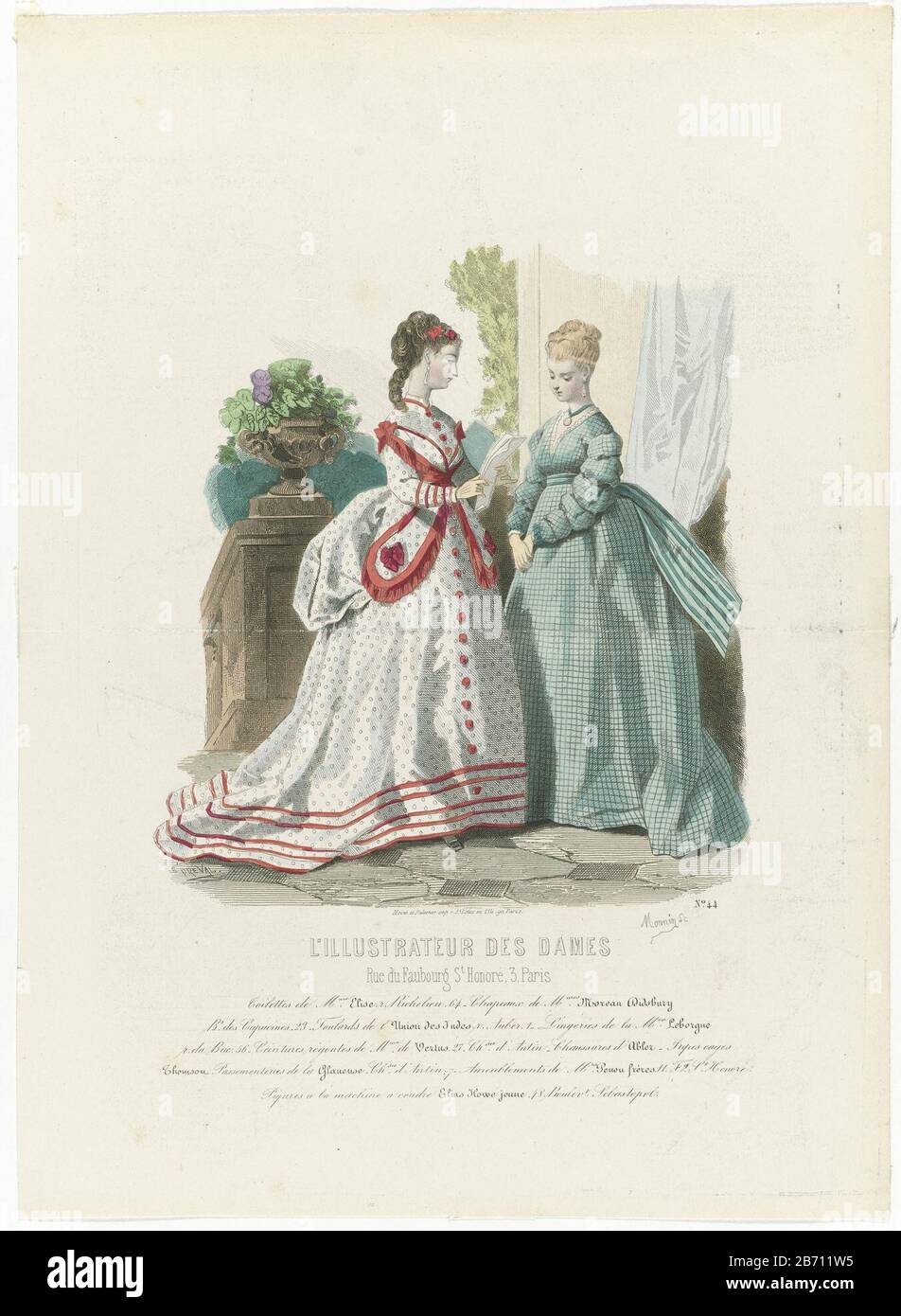 L'Illustrateur des Dames, ca 1870, No 44 Toilettes de Mme Elis Two women  standing on a platform, dressed in gowns and wearing hats Elise Moreau  Dibsbury MES. The fabrics are of Union