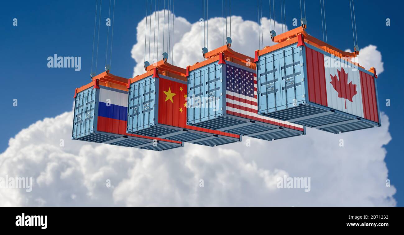 Freight containers with Canada, Russia. USA and China flags. 3D Rendering Stock Photo