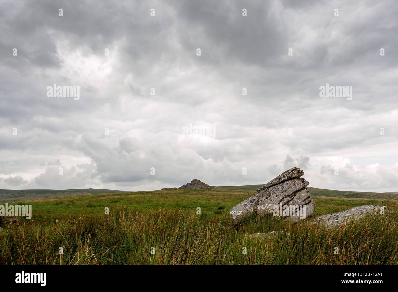 Dramatic view of a landscape in Dartmoor in stormy cloudy weather