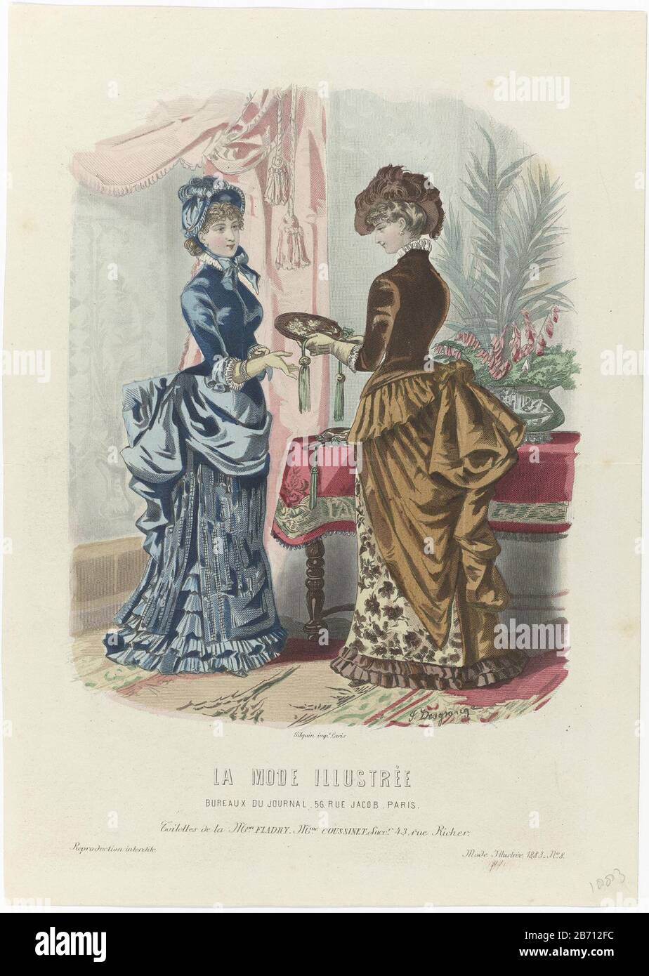 Two women in an interior, dressed in dresses with eased. According to the  caption, the dresses Maison Fladry, successor Coussinet. Print out the fashion  magazine La Mode Illustrée (1860-1937) . Manufacturer :