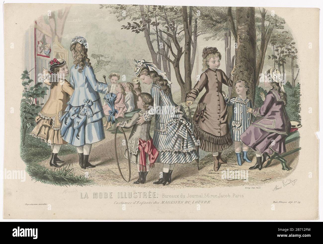 Seven children playing outside, dressed in clothing of the department Grands Magasins du Louvre. The skirts of the dresses are at the back pulled up and secured with strikken.Prent put out the fashion magazine La Mode Illustrée (1860-1937) . Manufacturer : printmaker: Huard (listed property) to drawing: Anaïs Colin-Toudouze (listed object ) drukker: Leroy (indicated on object) Place manufacture: Paris Date: 1876 Physical characteristics: engra, hand-colored material: paper Technique: engra (printing process) / hand-color measurements: sheet: h 246 mm × W 362 mm Subject: fashion plates dress, g Stock Photo