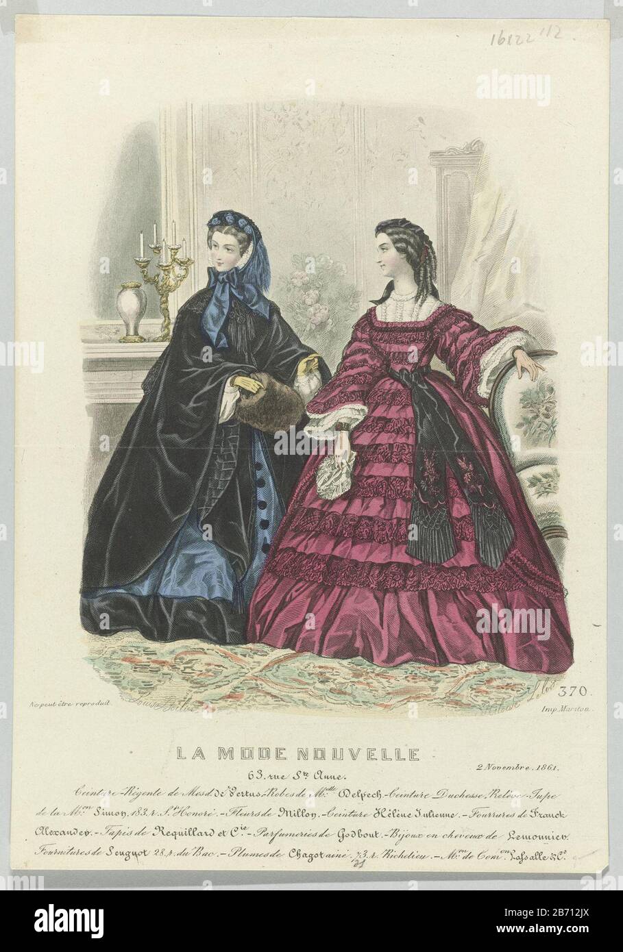 Two women in an interior gowns Delpech. Among the few lines voostelling  advertisement for various products. Print out the fashion magazine La Mode  Nouvelle (1856-1862) . Manufacturer : printmaker Louis Berlier (listed