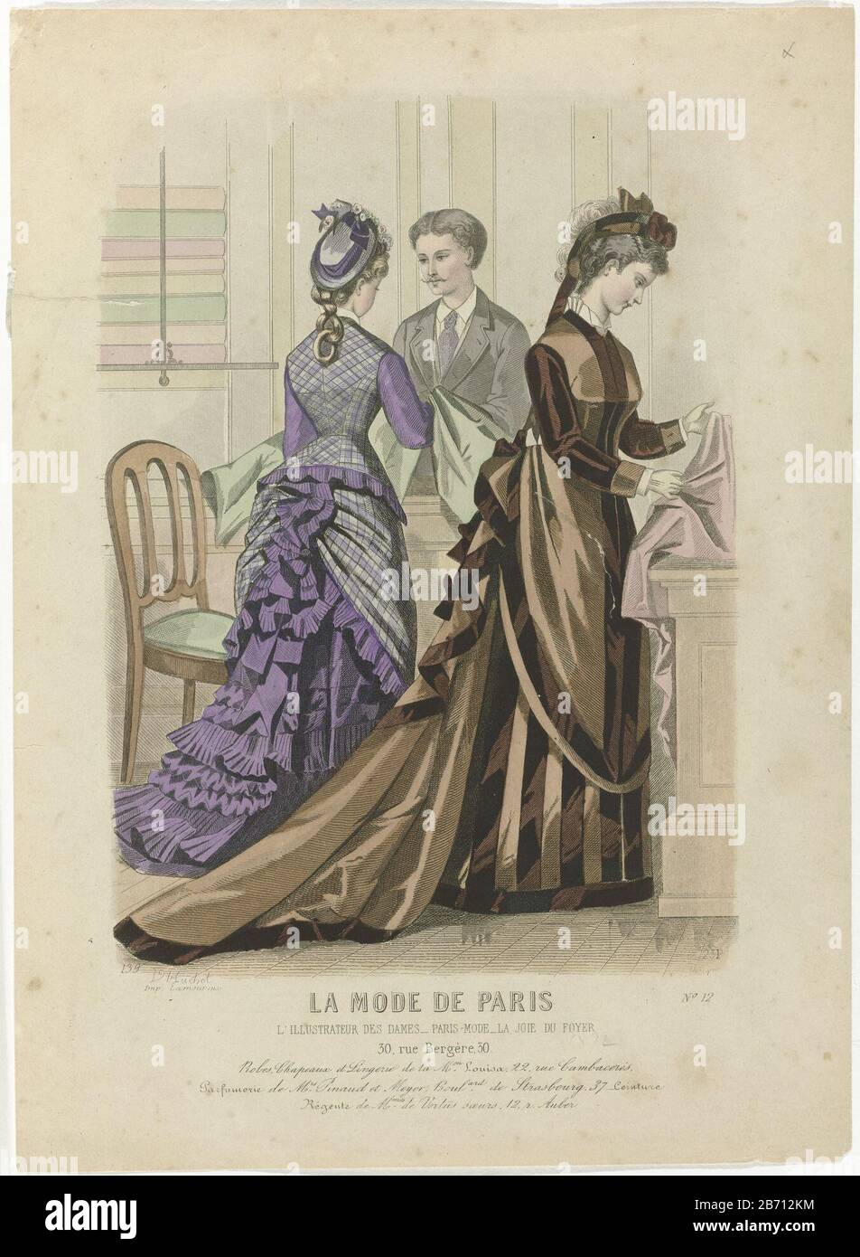La Mode de Paris, 1874, No.231, No. 12: Robes Chapeaux et Lingeri (...).  Two women look at fabrics in a store. They are dressed in Jokes with  Tournure. The shapes and hats