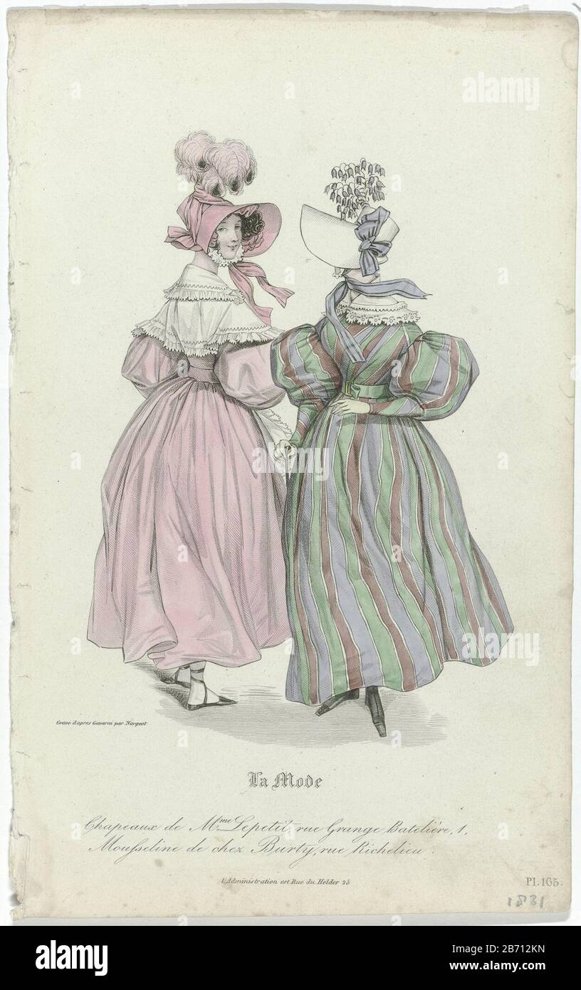 La Mode La Mode, 1831, Pl 165 Chapeaux de Mme Le petit () Hats Lepetit.  Mousseline Burty. Dresses with leg of mutton sleeves. Further accessories:  belt buckle, gloves, flat shoes with crossed