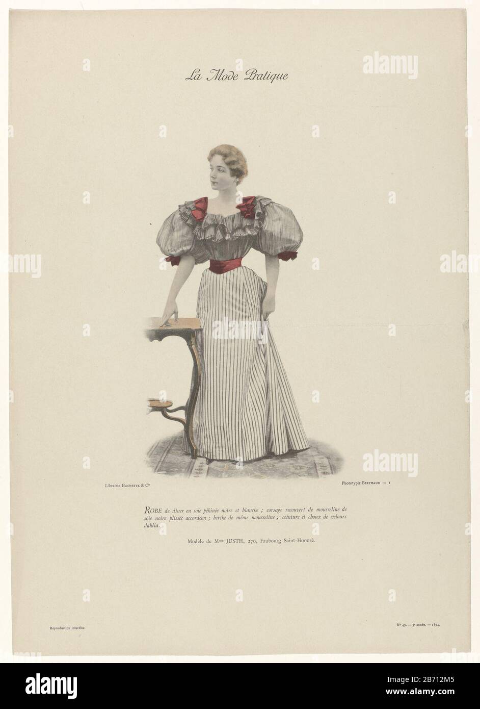 Woman In A Dinner Dress Of Black And White Striped Soie Pekinee The Body Is Covered With Pleated Black Silk Muslin Berthe Same Muslin Balloon Sleeves Belt And Rosettes Or Ribbons