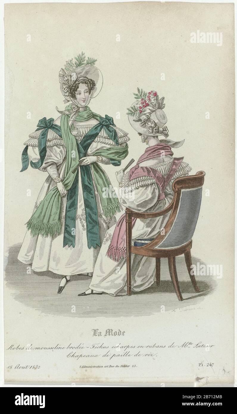 Two women, of whom: one seen from the back, wearing dresses of embroidered  muslin. "Fichus Echarpes" ribbons Latour. Hats "paille de riz. Print out  the fashion magazine La Mode (1829-1855) . Manufacturer :