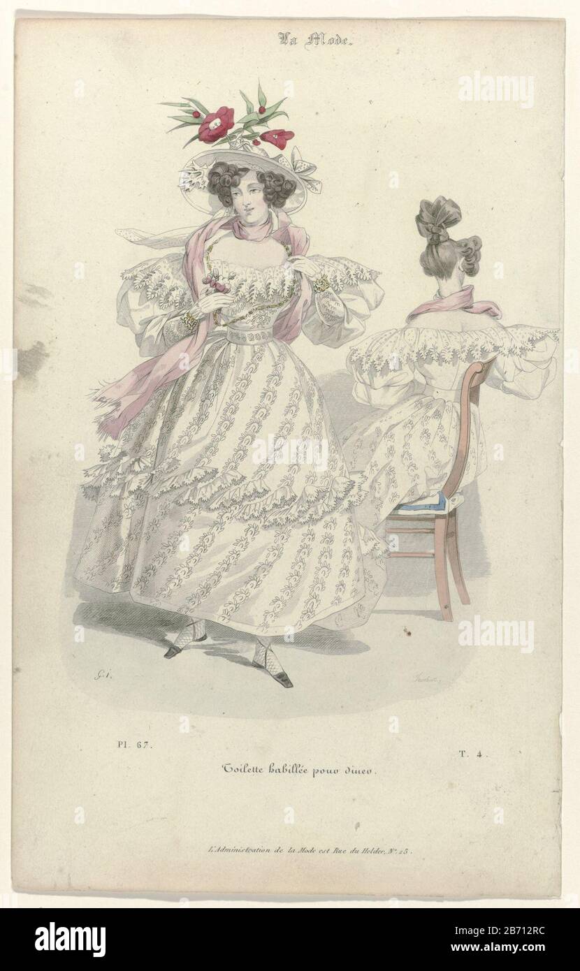 Habillee Toilette Pour Dinner Woman In A Dinner Dress With Boat Neck Accessories Hat Decorated With Flowers Scarf Necklace Bracelets On Both Wrists Gloves Shoes With Crossed Straps And Square Toes
