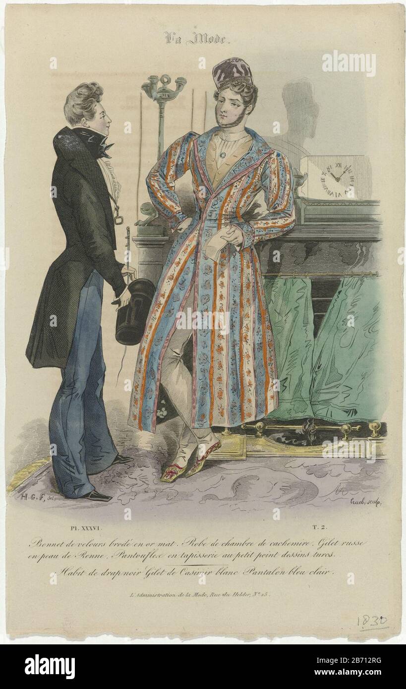 Right: cap of velvet embroidered in dull gold. Robe of "Casimir". 'Gilet  russe' reindeer leather. Slippers embroidered with Turkish motifs. Left:  'Habit' of black cloth. Vest white 'Casimir. Blue trousers. Accessories:  cravate,
