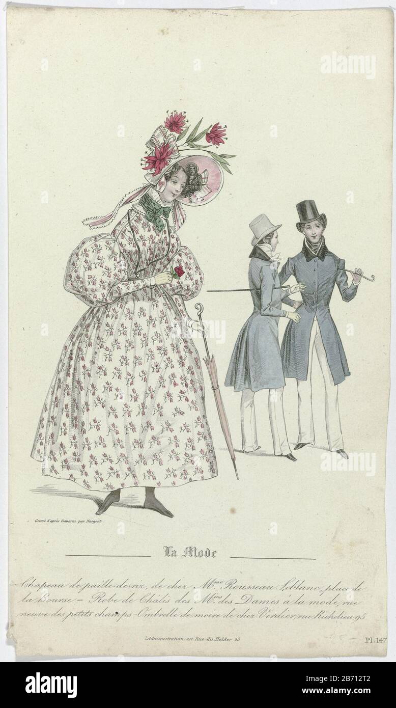 La Mode, 1831, Pl 147, T2 Chapeau de paille-de-riz () Hat" paille de riz  'Rousseau-Leblanc. 'Robe de chalis' from' Women à la mode. Parasol Verdier.  Cord with eyeglasses. Gloves. Boots with square