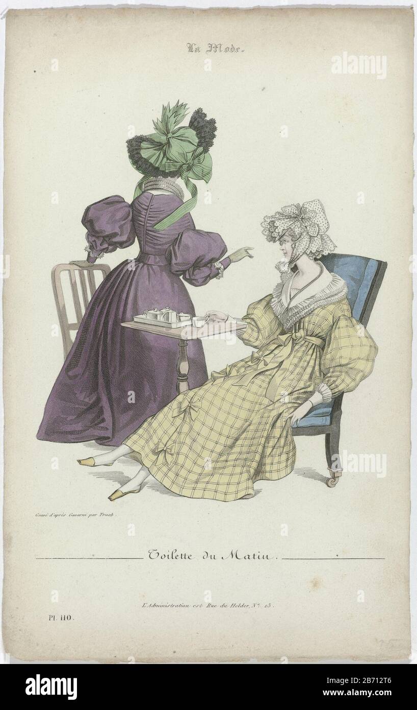 La Mode, 1831, Pl 110, T1 Toilette du matin Ensembles voor in de ochtend " Toilette du Matin. Ensembles in the morning. Japon, folded on the back.  Canopy Hat. gloves. Checkered peignoir (?),
