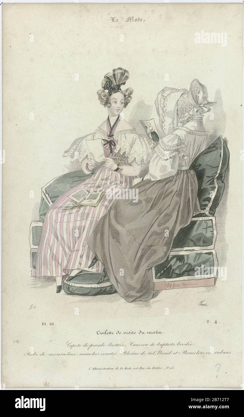 La Mode, 1830, Pl 61, T4 Toilette de visite du matin () "Parfum de visite  du matin. 'Capote' by 'percale lustrée. "Canezou 'embroidered batiste in a  skirt. Striped muslin gown with short