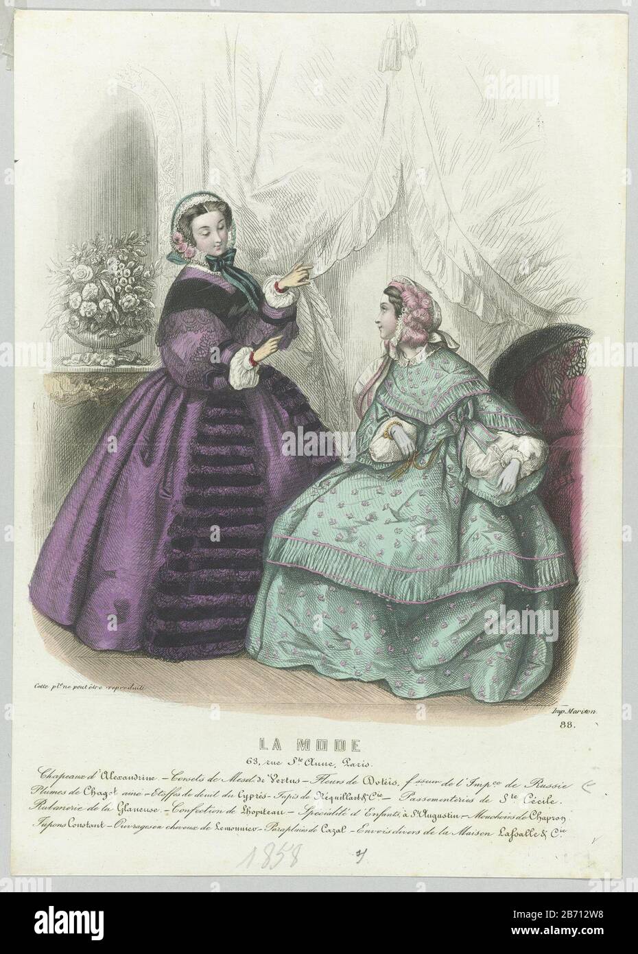 La Mode, 1858, Pl 88 Chapeaux d'Alexandrin () Two women in an interior, of  whom: one stops a curtain. Among the show a few lines of text advertising  on various producten. Manufacturer :