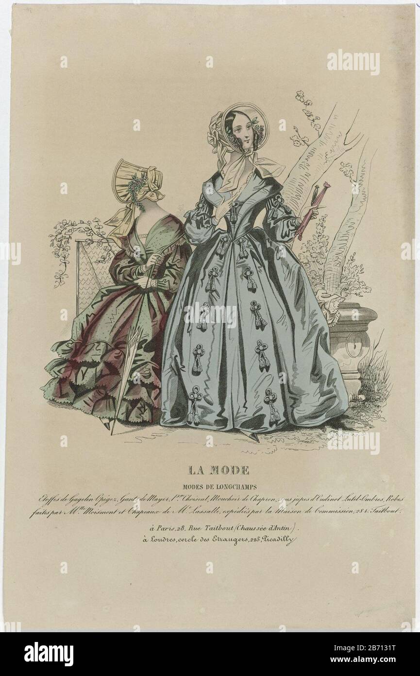 La Mode, ca 1839 Modes de Longchamps () Two women in a garden or park. According to the caption, 'Modes de Longchamps. Substances Gagelin Opigez. Mayer gloves. Handkerchief Chapron. Under skirts or sous jupes' of Oudinot Lutel. Gowns made by Mois Mont and hats Lassalle sent by 'Maison de Commission. Print out the fashion magazine La Mode (1829-1855) . Manufacturer : printmaker: anonymous publisher Alfred Xavier du Fougeraisuitgever: Th. MuretPlaats manufacture: Paris Dated: ca. 1839 Physical characteristics: engra, hand-colored material: paper Technique: engra (printing process) / hand-color m Stock Photo