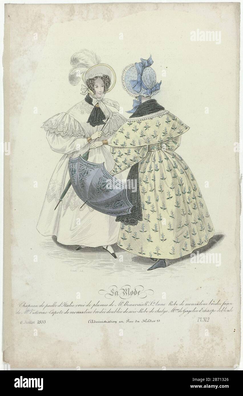 La Mode, 6 juillet 1833, Pl 312 Chapeau de paille d'Itali () Hat' paille d'Italie 'adorned with ostrich feathers Me Beauvais. Gown of embroidered muslin, conducted in the manner of Mle Victorine. 'Capote' of embroidered muslin, lined with silk. Gown 'chalys' from the shops Gagelin. Scarf 'blonde' (bobbin lace). Print out the fashion magazine La Mode (1829-1855) Manufacture Creator: printmaker Jean Denis Nargeot (listed property) to order of Louis Marie Lante (listed building) Publisher: Alfred Xavier du Fougeraisuitgever: Th. MuretPlaats manufacture: Paris Date: 1833 Physical features: steel e Stock Photo