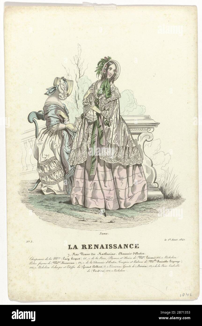 Two women in a park. According to the caption canopy hats Lucy Hoquet.  Feathers and flowers Lainné. Gowns performed in the manner of Bienvenu.  'Crispin' and ribbons Aminthe Leigouye. Scarf and fabrics