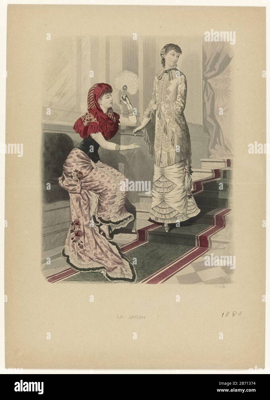 La Saison, Journal illustré des Dames, 1880, No. 626 Object Type : fashion  picture Item number: RP-P-OB-103.552 Inscriptions / Brands: title, bottom  center, wrote: 'LA SAISON? Description: Two women in a theater