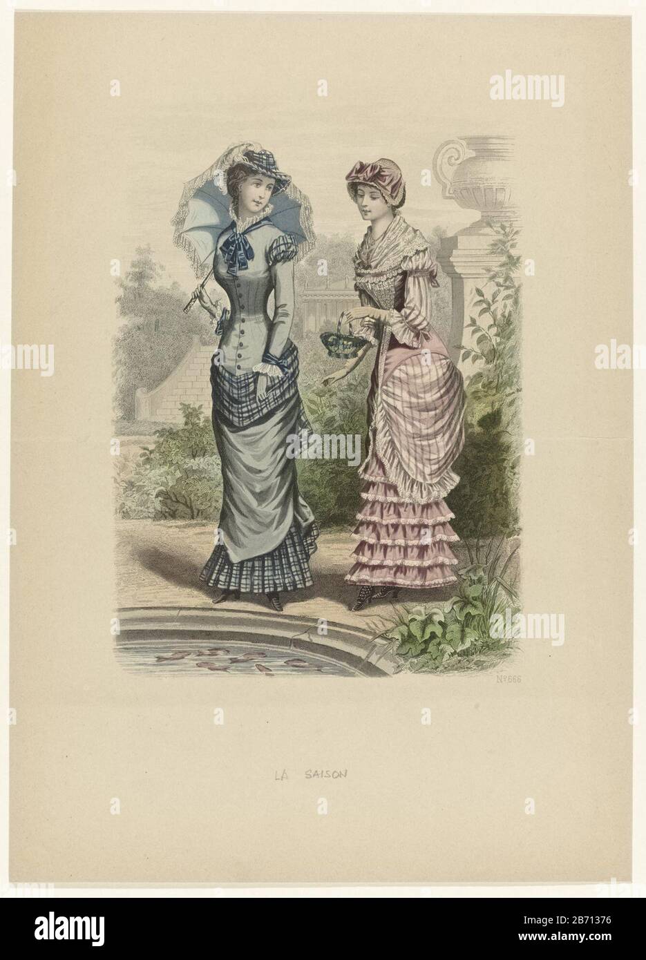 La Saison, Journal illustré des Dames, 1880, No. 666 Object Type : fashion  picture Item number: RP-P-OB-103.557 Inscriptions / Brands: title, bottom  center, wrote: 'LA SAISON? Description: Two women in a garden