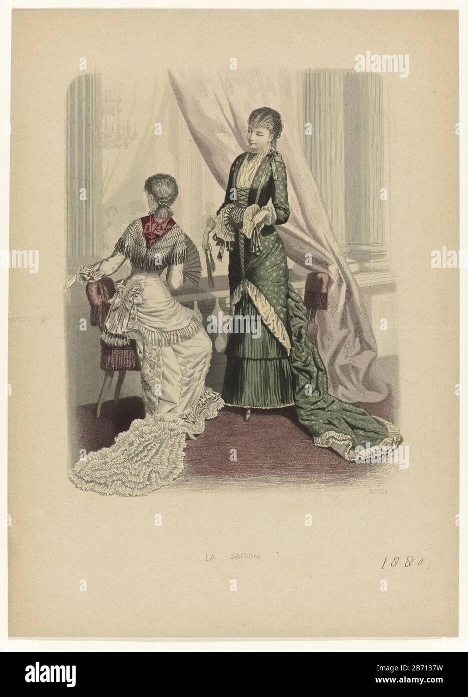 La Saison, Journal illustré des Dames, 1880, No. 626 Object Type : fashion  picture Item number: RP-P-OB-103.552 Inscriptions / Brands: title, bottom  center, wrote: 'LA SAISON? Description: Two women in a theater