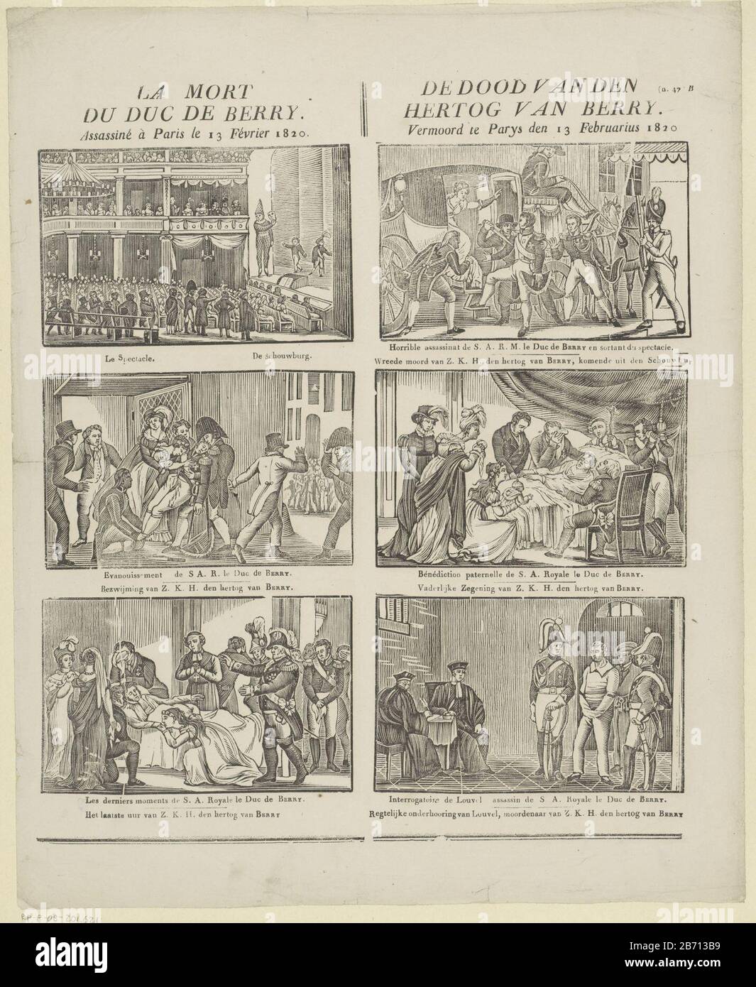 Leaf With Six Performances Over The Murder Of Charles Ferdinand Berry In Paris On February 13 10 Under Each Show A Caption In Dutch And French Numbered Upper Right N 47 B