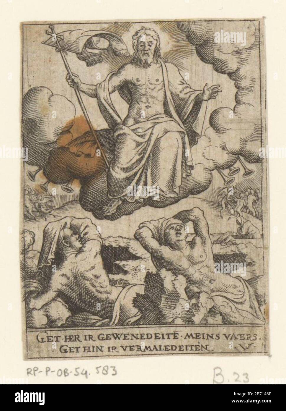 Laatste Oordeel Last Judgment Object Type: picture Item number: RP-P-OB-54.583Catalogusreferentie: Hollstein German 76 Inscriptions / Brands: collector's mark, verso, stamped: Lugt 2228nummer, verso, handwritten ink in brown '76' Manufacturer : printmaker : Virgil Solis (listed property) Place manufacture: Nuremberg Date: 1524 - 1562 Material: paper Technique: etching / engra (printing process) Dimensions: sheet: h 80 mm (cut inner plate edge) × W 59 mm (cut inner plate edge)  Subject: Latest judgment Stock Photo