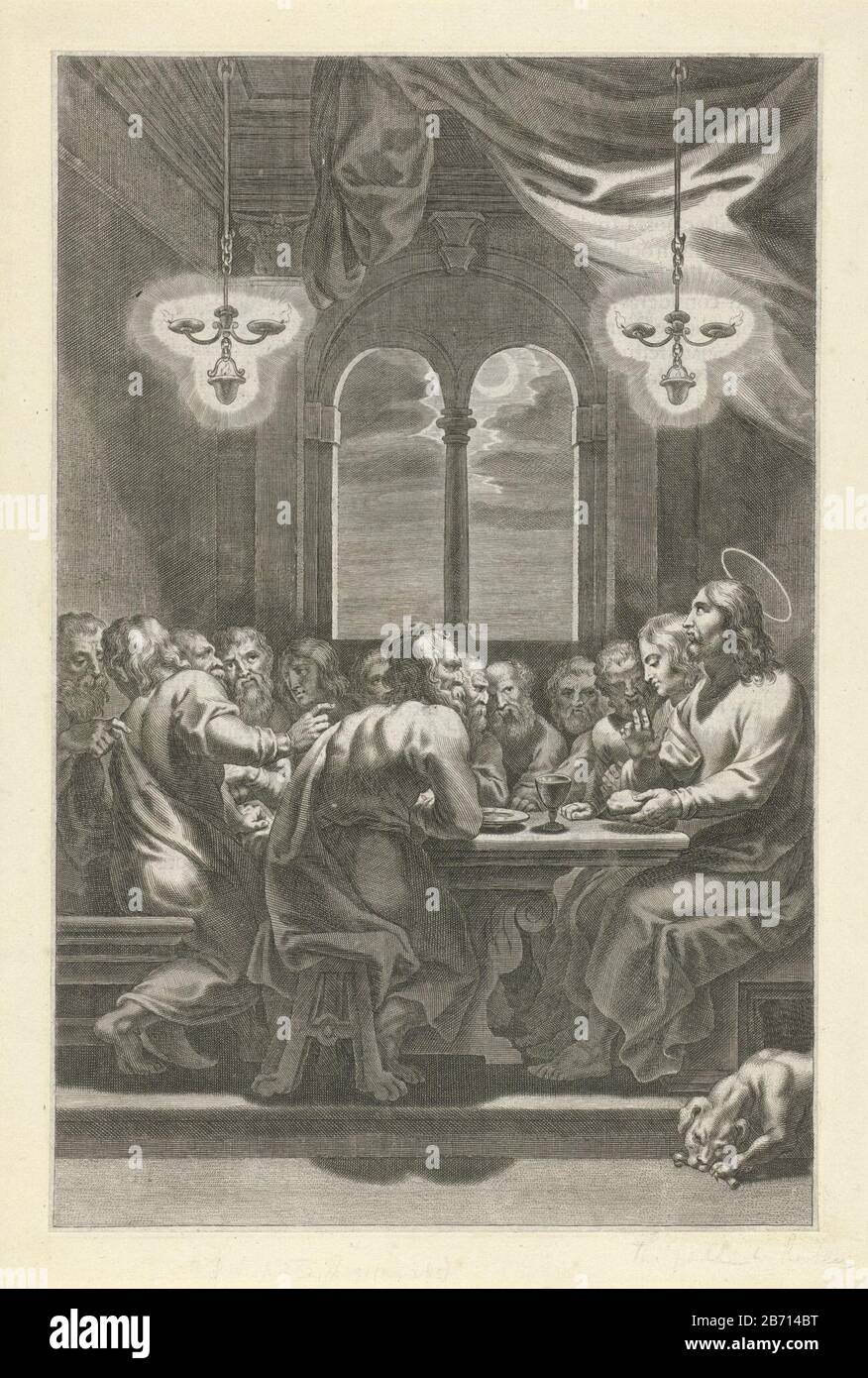 Christ is with his disciples at the table. He shares the bread. The print is part of a series of scenes from the Old and New Testament. Manufacturer : printmaker: Theodoor Galle (possible) printmaker Cornelis Galle (I) (possible) designed by Peter Paul Rubens (listed property) Place manufacture: Antwerp Date: 1581 - 1633 Physical features: car material: paper Technique: engra (printing process) Dimensions: plate edge: h 304 mm × W 198 mmToelichtingMogelijk illustration for Breviarium Romanum ex decreto sacrosancti concilii, Antwerp 1614. Subject: Last Supper (in general) (Matthew 26 : 21-35; M Stock Photo