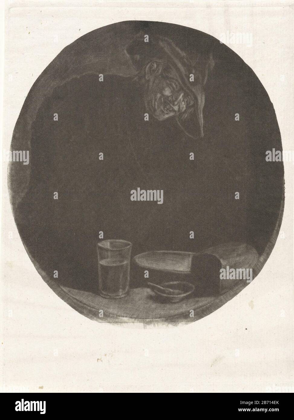 Lachende boer A smiling farmer at a table where: on a glass dish and a kom. Manufacturer : print maker: Jacob Gole (attributed to) Date: 1670 - 1724 Physical characteristics: mezzotint; proofing material: paper Technique: mezzotint dimensions: plate edge: H 188 mm × W 142 mm Subject: farmerslaughing Stock Photo