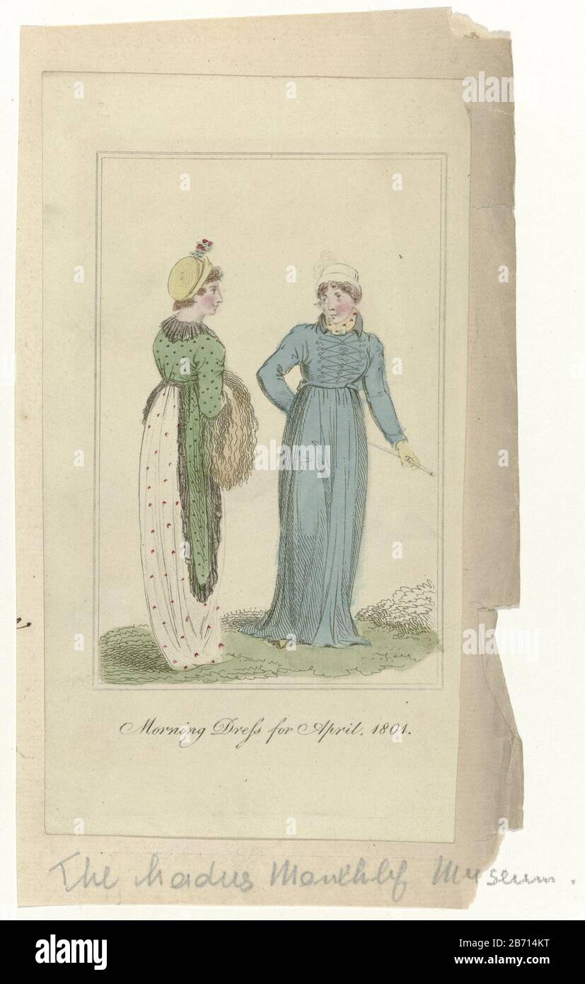 Ladies Monthly Museum, 1801 Morning Dress for April, 1801 Morning gown for April 1801. Left: spencer with slip, trimmed with a wrinkled strip of fabric. Sleeve fur. Right: spencer and skirt with sleep (rijkostuum?). Walking stick. Print out the fashion magazine Ladies Monthly Museum (London, 1798-1832) . Manufacturer : printmaker: anonymous publisher: Verner & Hood Place manufacture: London Date: 1801 Physical features: etching, hand-colored material: paper Technique: etching / hand color dimensions: Surface: h 170 mm (pasted) × b 93 mmgeheel: h 201 mm × W 113 mm Subject: fashion plates dress, Stock Photo