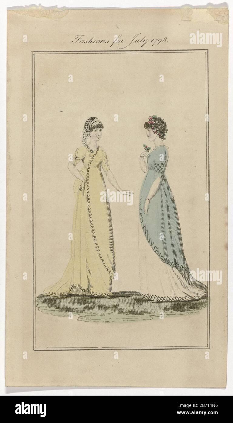 Ladies Monthly Museum, 1798 Fashions for July 1798 Modes for July 1798. gown with cover, trimmed with loop pattern. Short sleeves and drag. Turban(?). Gown with train. Wreath of flowers in her hair. Print out the fashion magazine Ladies Monthly Museum (London, 1798-1832) . Manufacturer : printmaker: anonymous publisher: Verner & Hood Place manufacture: London Date: 1798 Physical features: etching, hand-colored material: paper Technique: etching / hand color dimensions: Surface: h × 164 mm b 94 mm Subject: fashion plates dress, gown (+ women's clothes) head-gear: turban (+ women's clothes) cut Stock Photo