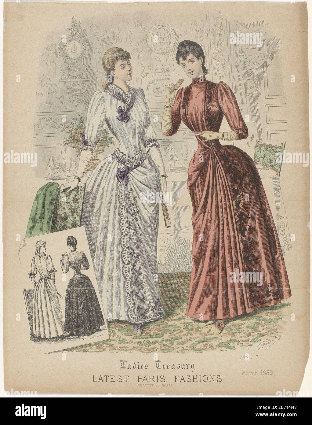 Ladies Treasury, March 1889 Latest Paris Fashions Two women in the latest  fashions from Paris. Left a dress with half sleeves. Skirt with wrap with  floral pattern. Purple tie at neck, cuffs