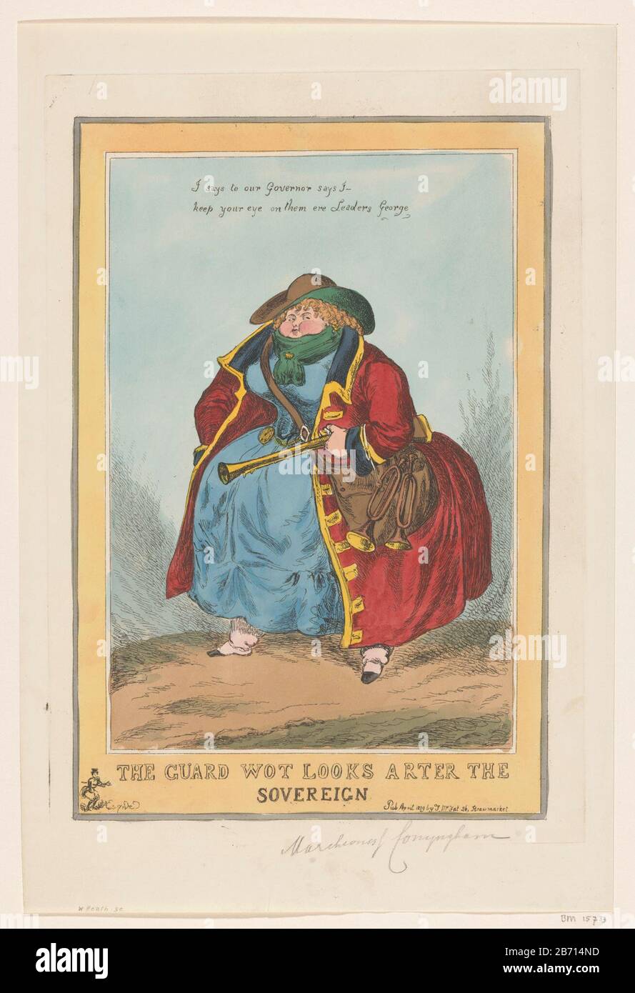 Lady Conyngham The guard wot looks arter the sovereign (titel op object) Cartoon with a representation of a very regular Lady Conyngham, the mistress of King George IV , as a tough fashionable figure, standing with their legs from each other, in a long red coat and a wide brimmed hat. In using a rifle to shoulder a bag and two trumpets. See also pendant. Manufacturer : printmaker William Heath (listed building) Publisher: Thomas McLean (listed property) Place manufacture: printmaker: England Publisher: London Date: Apr 1829 Physical features: etching, hand-colored material: paper Technique: et Stock Photo