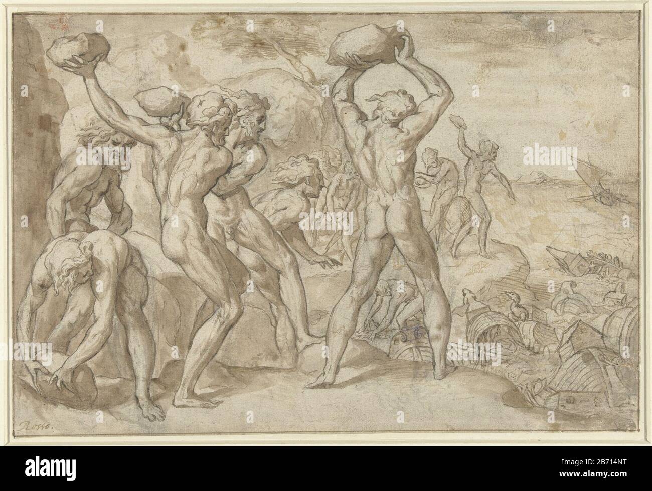 Laestrygonen verpletteren de vloot van Odysseus met zware stenen Laistrygonians crush of Odysseus fleet with heavy stones object type: Drawing Object number: RP-T-1889-A-2177 (R) Manufacture Creator: artist: anonymous Date: 1500 - 1640 Physical features: signature in black chalk, brush and pen in brown material: paper chalk ink technology: pen / brush dimensions: h 210 mm × W 312 mm Stock Photo