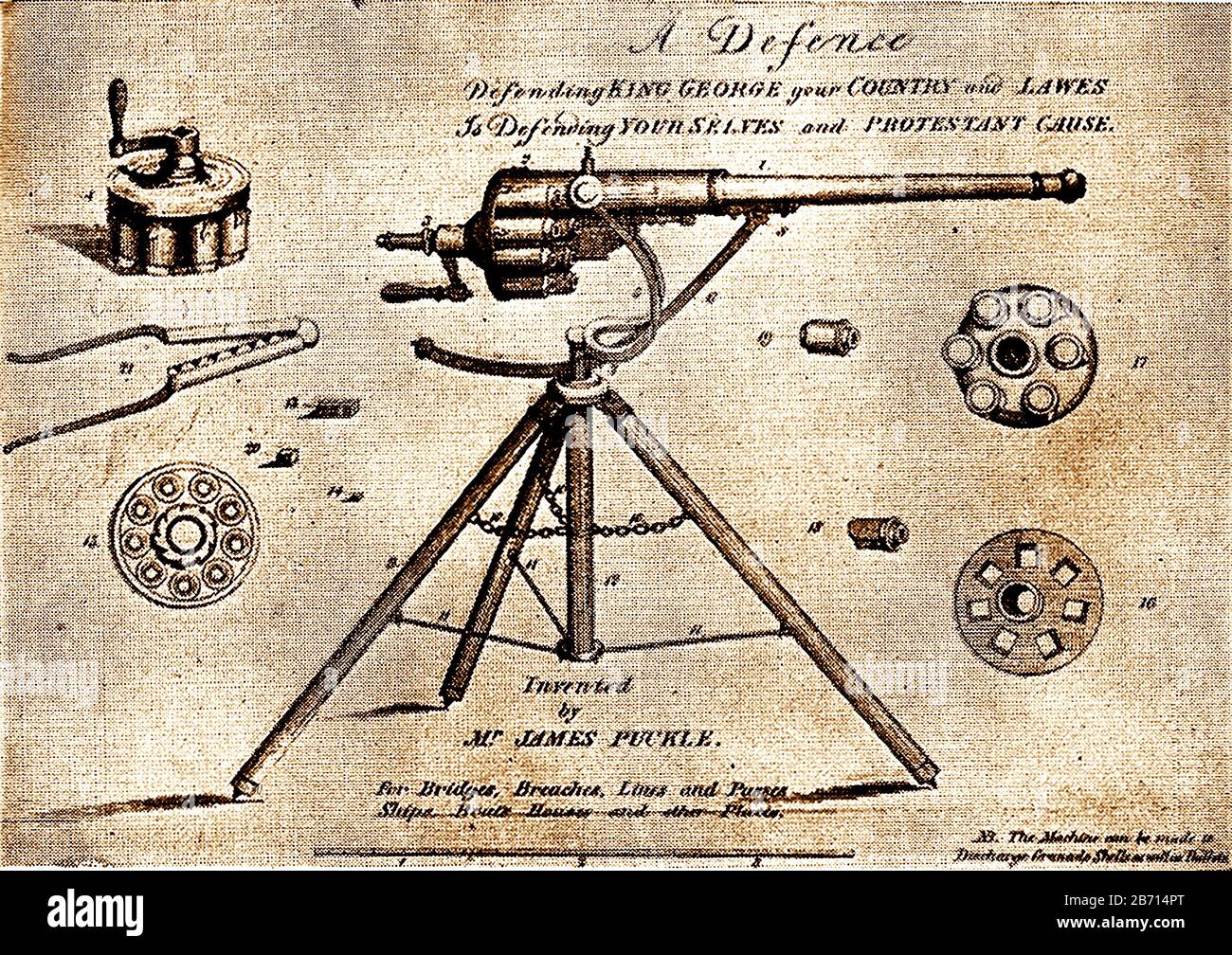 Puckle's Machine Gun (patented 1718) Bizarrely it was designed to shoot square bullets against  Muslim Turks and round bullets against Christians. The gun was also known as a defence gun and a puckle gun. It was invented and  patented in 1718 by James Puckle (1667–1724) a British inventor, lawyer and writer and is thought to be the 1st gun actually referred to as a machine gun. Some sources say there were only two guns manufactured and that it was never used in military action. Stock Photo