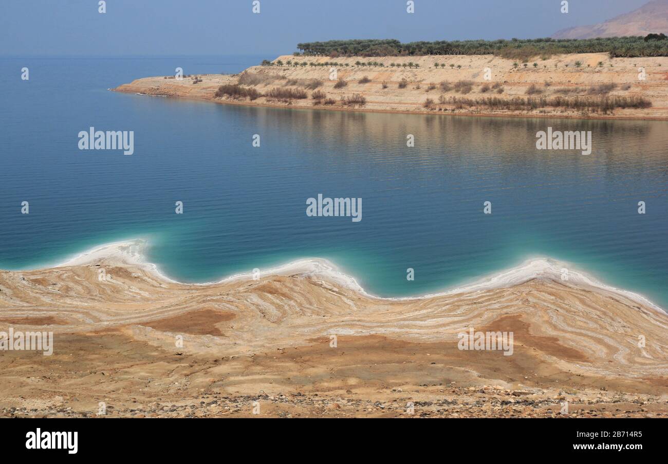 Dead sea salty shoreline landscape, lowest land elevation area on Earth, Jordan, Western Asia Stock Photo