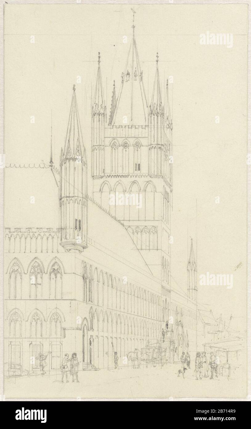 Lakenhal te Yperen Draft prent. Manufacturer : artist: Charles Rochussen (possible) Dated: 1824 - 1894 Physical features: pencil material: paper pencil Dimensions: h 243 mm × W 151 mm Subject: names of cities and villages (Ypres) names of historical buildings, sites, streets, etc. (Cloth Hall) Where: Cloth Stock Photo