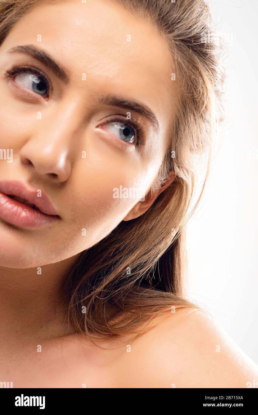 picture Soft Natural Makeup Looks For Blue Eyes https www alamy com lovely woman with deep blue eyes looking away so soft and tender natural beauty and freshness no makeup clean skin care of herself blonde long image348536562 html