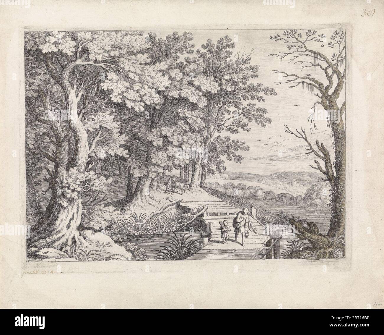 Landschap met Abraham en Isaak Italiaanse landschappen (serietitel) Abraham and Isaac carrying the wood, walking on a wooden bridge in a wooded hilly landscape to the place of sacrifice. The two servants and the donkey they have left behind. Print out a series of Italian landschappen. Manufacturer : printmaker Willem van Nieulandt (II) designed by Paul Bril Date: 1594 - 1635 Physical features: etching and brush in brown; proofing material: paper Technique: etching / brush dimensions: plate edge: H 234 mm × W 316 mm Subject: the servants are left behind while Abraham and Isaac (usually carrying Stock Photo