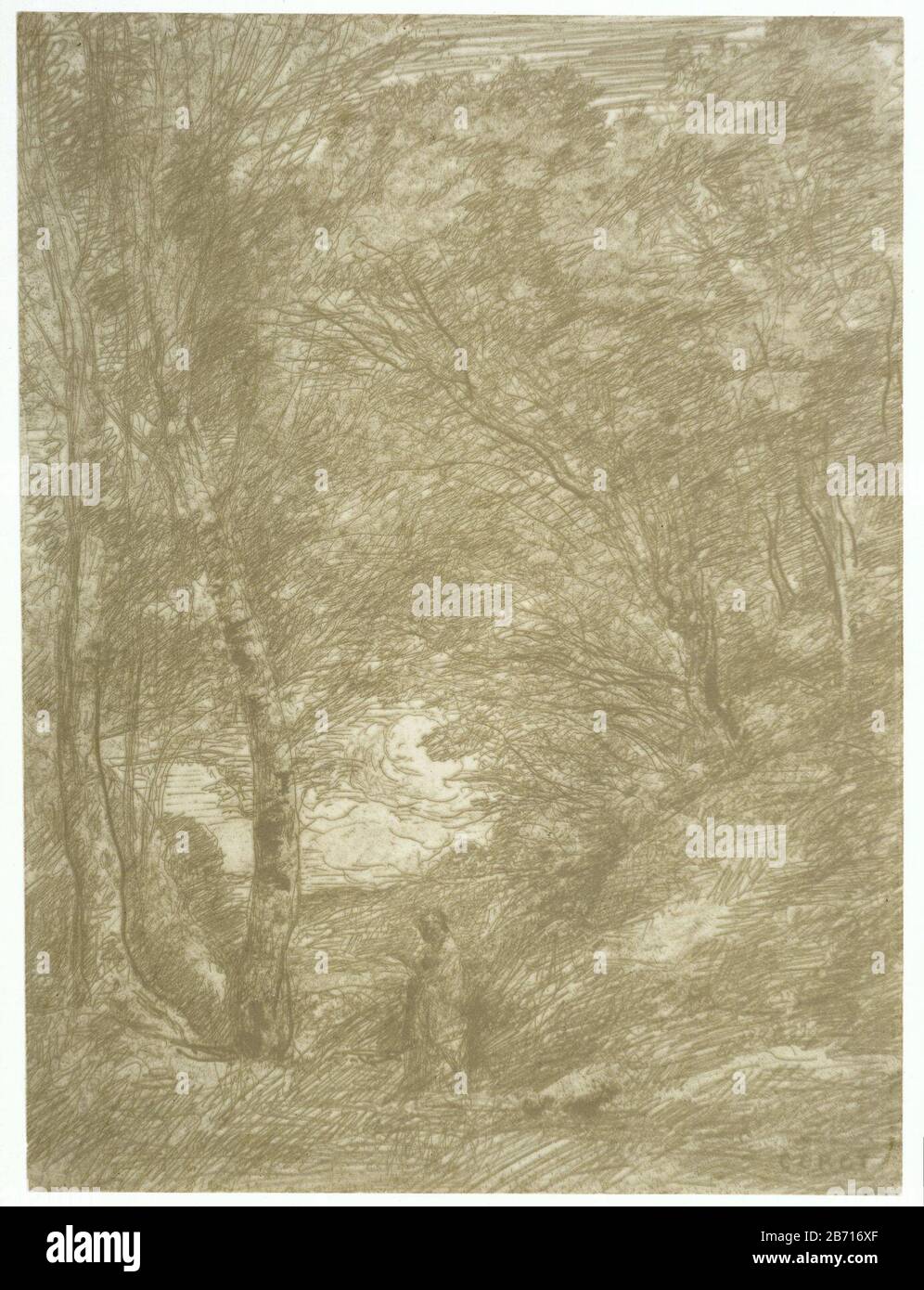 Landschap met Horatius onder grote bomen Les Jardins d'Horace Landscape with Horace under great bomenLes Jardins d'Horace Object Type : picture Item number: RP-P-1953-504Catalogusreferentie: Delteil 58Opmerking: reverse printing markings / Brands: collector's mark, reverse bottom center, stamped: Lugt 2760 collector's mark , verso center below, stamped: Lugt 2228 Manufacturer : print maker: Corot (indicated on object), at its design: Camille Corot Date: 1855 Physical features: reverse imprint in cliché distant material: paper Technique: cliché distant dimensions: image: h 353 mm × W 263 mm Stock Photo