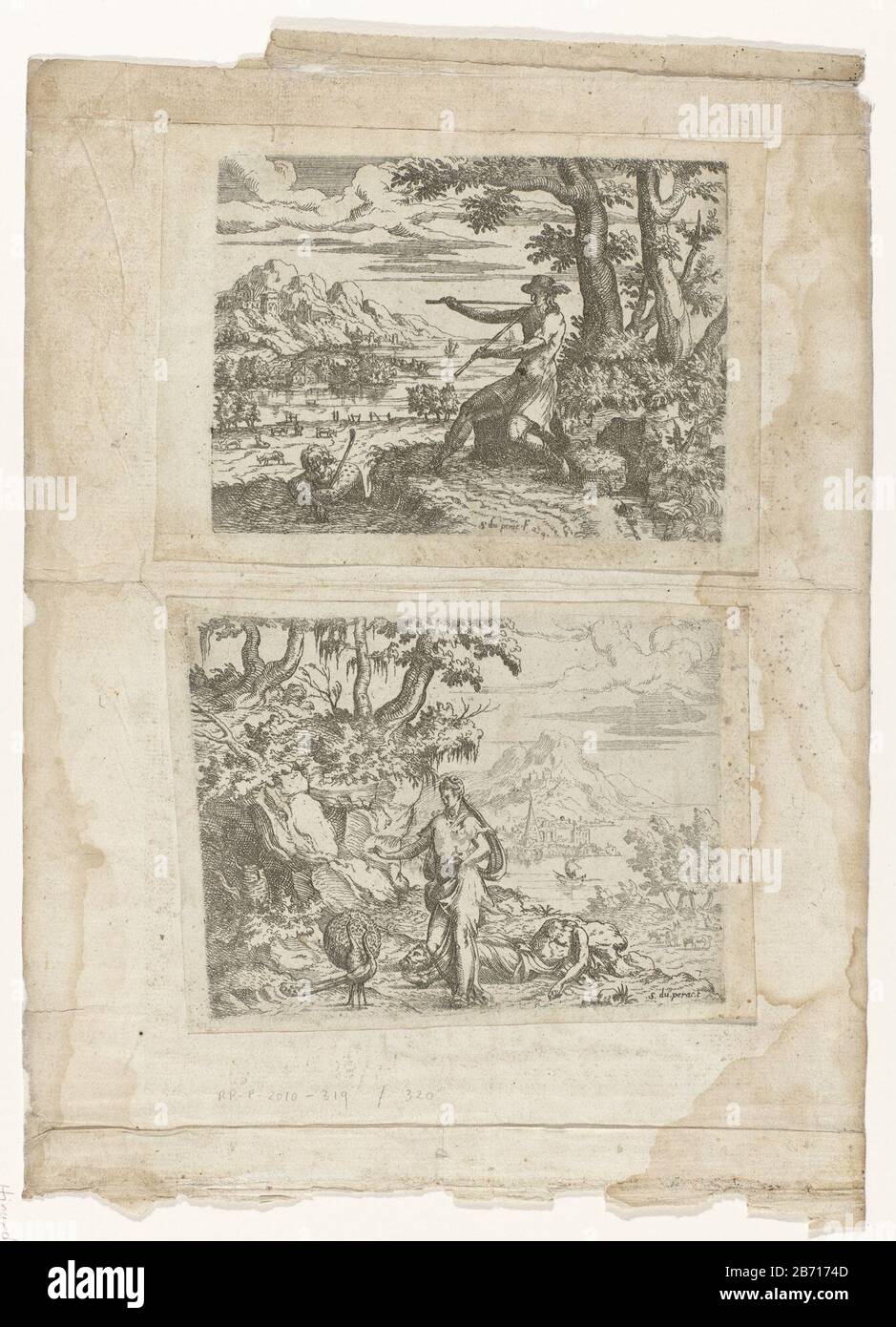 Landschap met Mercurius en Argus Landscape with Mercury and Argus Property Type: picture album leaf Item number: RP-P-2010-319Catalogusreferentie: IFF 16e siècle 60Robert-Dumesnil 60 Manufacturer : printmaker: Etienne Duperac (listed property) Place manufacture: France Date: 1535 - 1604 Material : paper Technique: etching dimensions: plate edge: h 112 mm × W 152 mmToelichtingGemonteerd on 16th-century album leaf with at verso two etching Johann Sadeler I. Subject: Mercury lulls Argus into tow by making music Stock Photo