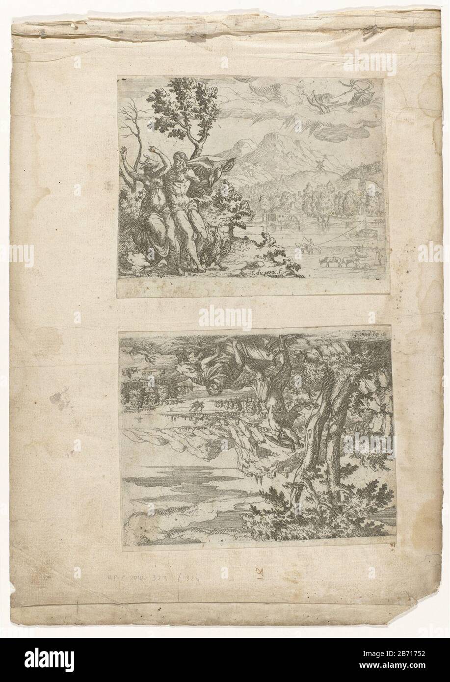 Landschap met Jupiter en Io Landscape with Jupiter and Io Object Type : picture album leaf Item number: RP-P-2010-323Catalogusreferentie: IFF 16e siècle 59Robert-Dumesnil 59 Manufacturer : printmaker: Etienne Duperac (listed property) Place manufacture: France Date: 1535 - 1604 Material : paper Technique: etching dimensions: plate edge: h 117 mm × W 155 mmToelichtingGemonteerd on 16th-century albumblad. Subject: Io changed into a cow: to avoid detection by Juno, Jupiter changes Io into a cow (Ovid, Metamorphoses I 611) Stock Photo