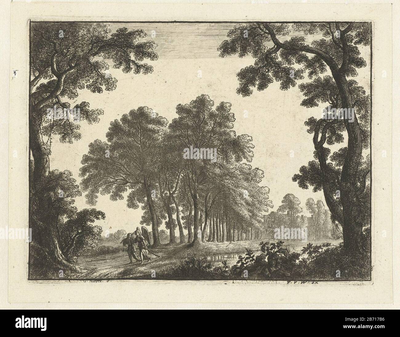 Landschap met Tobias en de engel a wooded landscape Where: a boy (Tobias) and an angel lopen. Manufacturer : printmaker: Gilles Neyts (listed building) publisher: Frans van den Wijngaerde (listed on object) Place manufacture: Antwerp Date: 1643 - 1679 Physical features: etching material: paper Technique: etching dimensions: plate edge: h 127 mm × W 167 mm Subject: landscapes in the temperate zone Tobias and the angel Raphael traveling, Accompanied by Tobias' dog Stock Photo