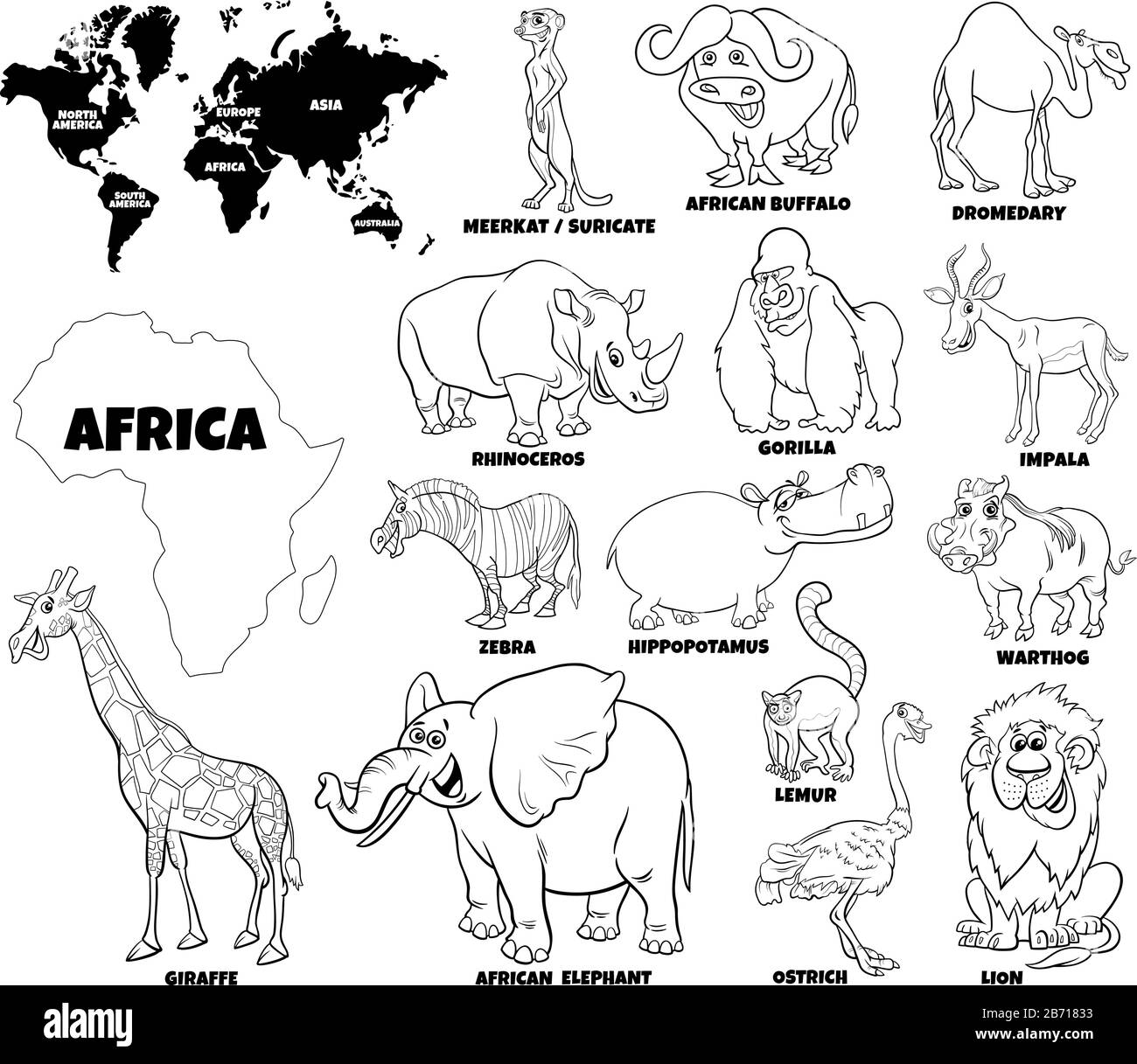 Black and White Educational Cartoon Illustration of African Animals Set and World Map with Continents Shapes Coloring Book Page Stock Vector