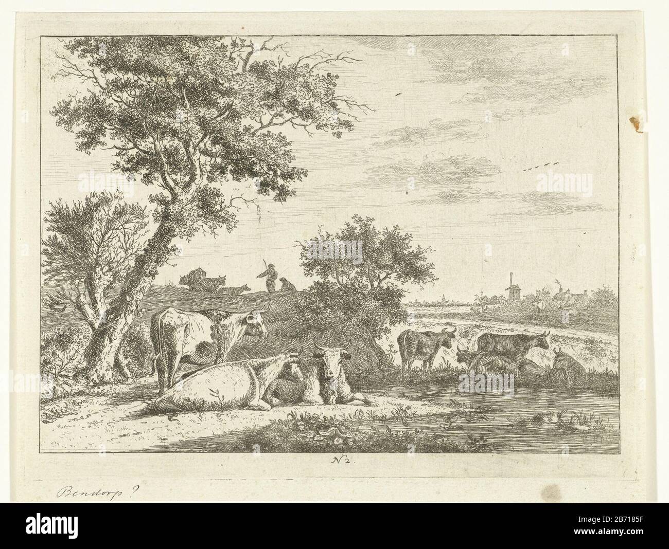 Landschap met boer met kudde koeien Landscape with farmer with cows herd  object type: picture Serial number: 2 / Item number: RP-P-1890-A 16060  Inscriptions / Brands: collector's mark, reverse bottom center, stamped: